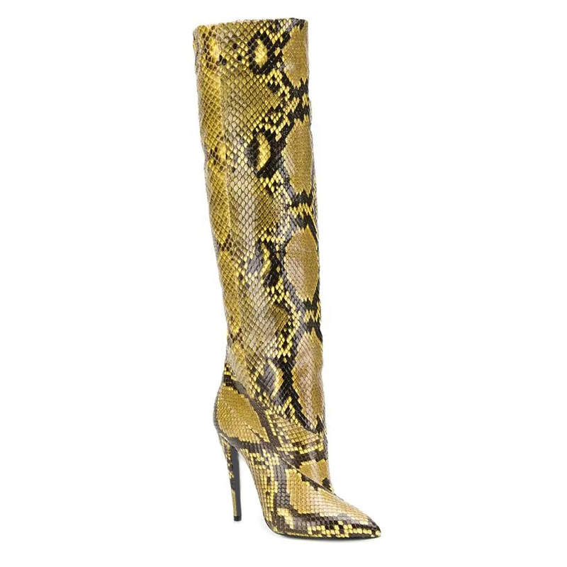 Высокие сапоги до колена на высоком каблуке со змеиным принтом женская зимняя обувь женские модные высокие сапоги с острым носком женские сапоги на шпильке