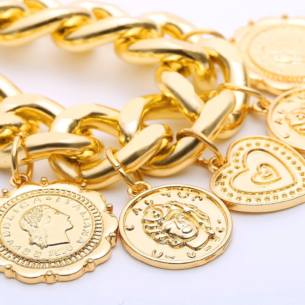 Слюн za Мода Золотая цепь браслет с шармами в виде монет заявление женщин мода ювелирные изделия оптом