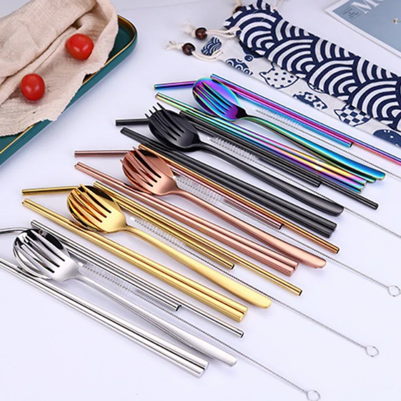 

5PCS Stainless Steel Environmental Protection Colorful Spoon Fork Straw Chopsticks With Linen Bag
