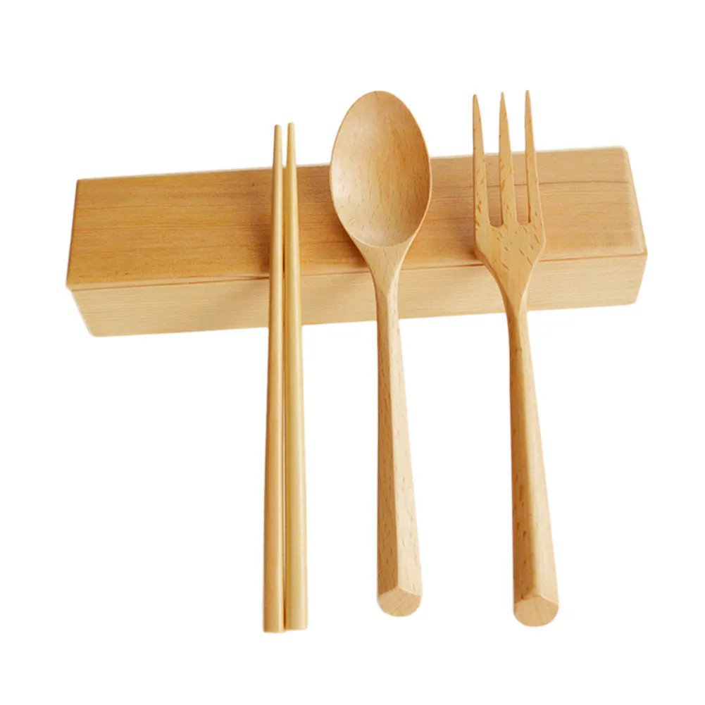 Portable Wooden Spoon Fork Chopsticks Cutlery Set Flatware Cooking