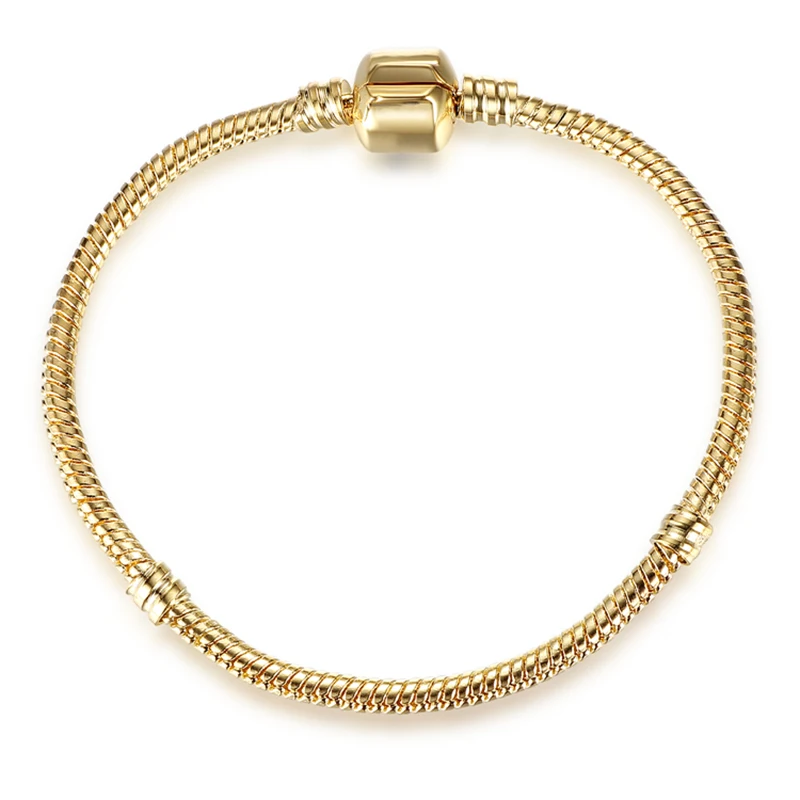 Посеребренный браслет с подвеской из розового золота, цепочка в виде змеи, Подходит для Pandora, базовые браслеты для женщин, очаровательные бусины, сделай сам, ювелирное изделие - Окраска металла: NSL006-Gold