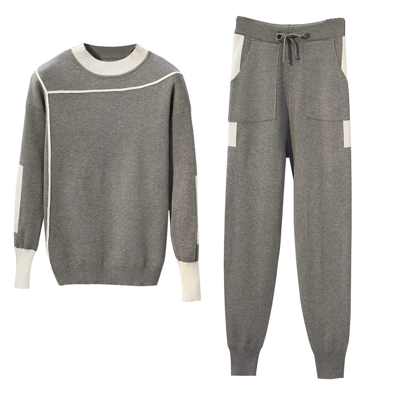 

2019 Spring Plus Size 2 Pieces Set Women Knitted Pullovers Sweater Stripe Knit Jumper Tops & Pants Suits Long Sleeve Tracksuits