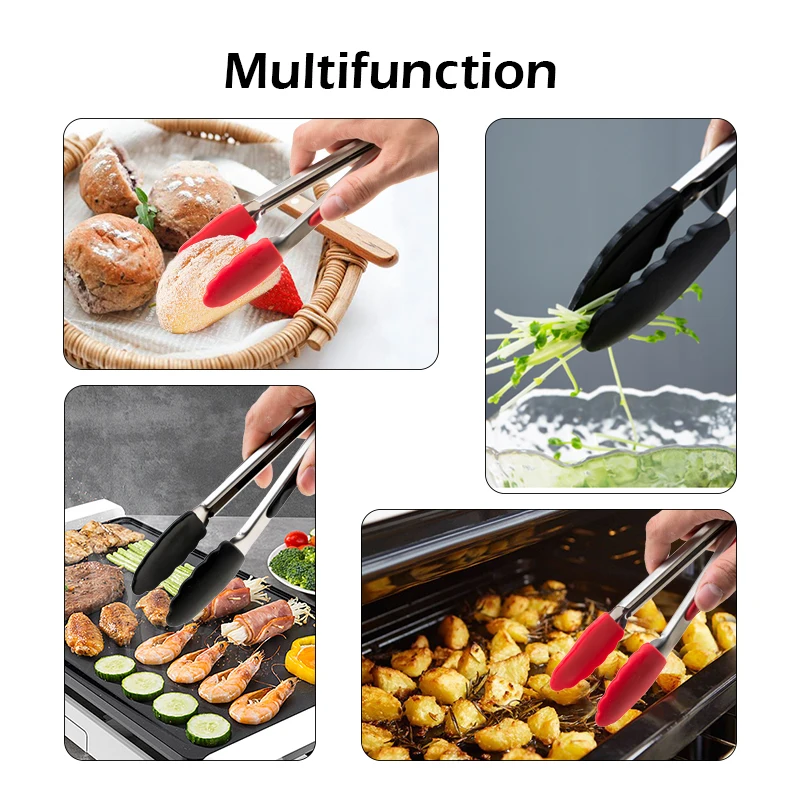Food Tongs Silicone Stainless Steel Kitchen Non-slip Cooking Clip Clamp BBQ Salad Tools