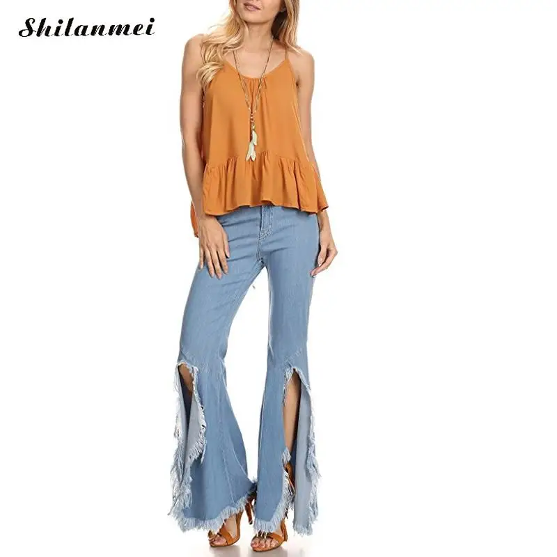 Long Slit Tassel Ripped Irregular Flared Jeans High Waist