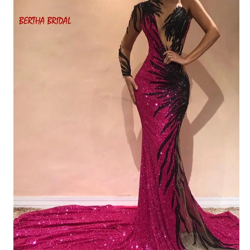 

Fantastic One Shoulder Evening Dress See Through Sheer Party Long Dress Mermaid Evening Dress Robe Soiree Femme Longue
