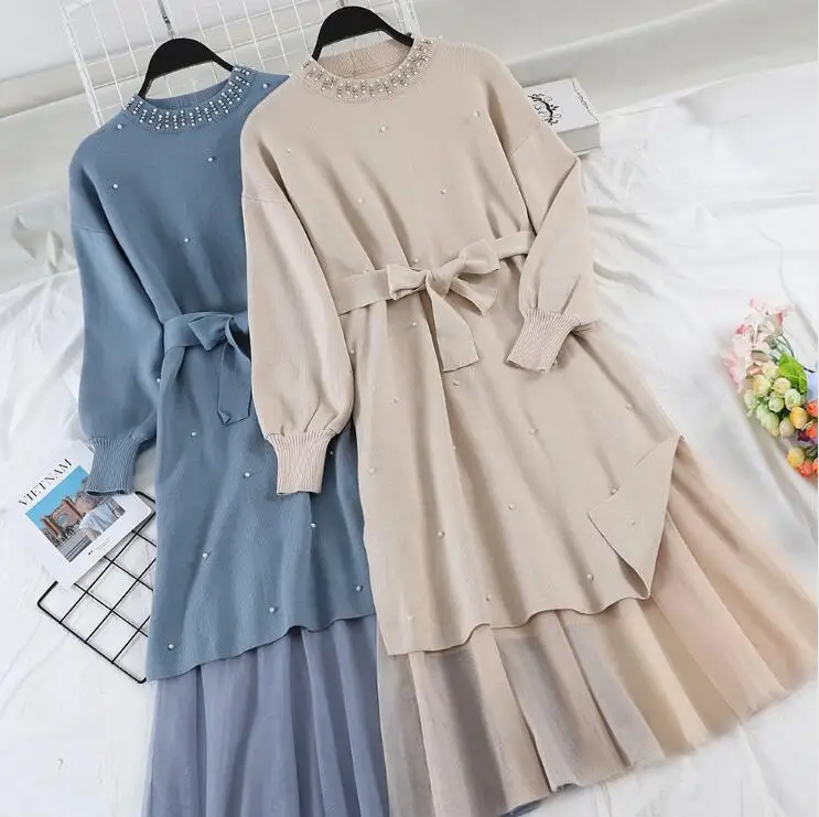 

2019 Spring Nail Bead Long Sleeve Knitted Dress for Women with Medium Long Elastic Waist Two Pieces Dress Sets with Belt