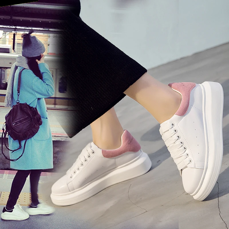 Белые женские туфли; коллекция года; сезон весна; Новинка; спортивная обувь из натуральной кожи; женские кроссовки на толстой платформе; Всесезонная обувь
