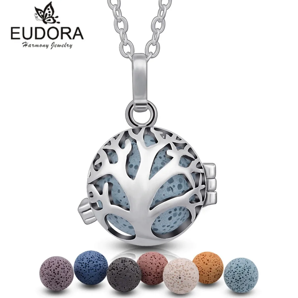 

Eudora Harmony Life of Tree Floating Locket 7PCS Volcanic Lava Stone Necklace For Women Aroma Diffuser Locket Pendant Necklace