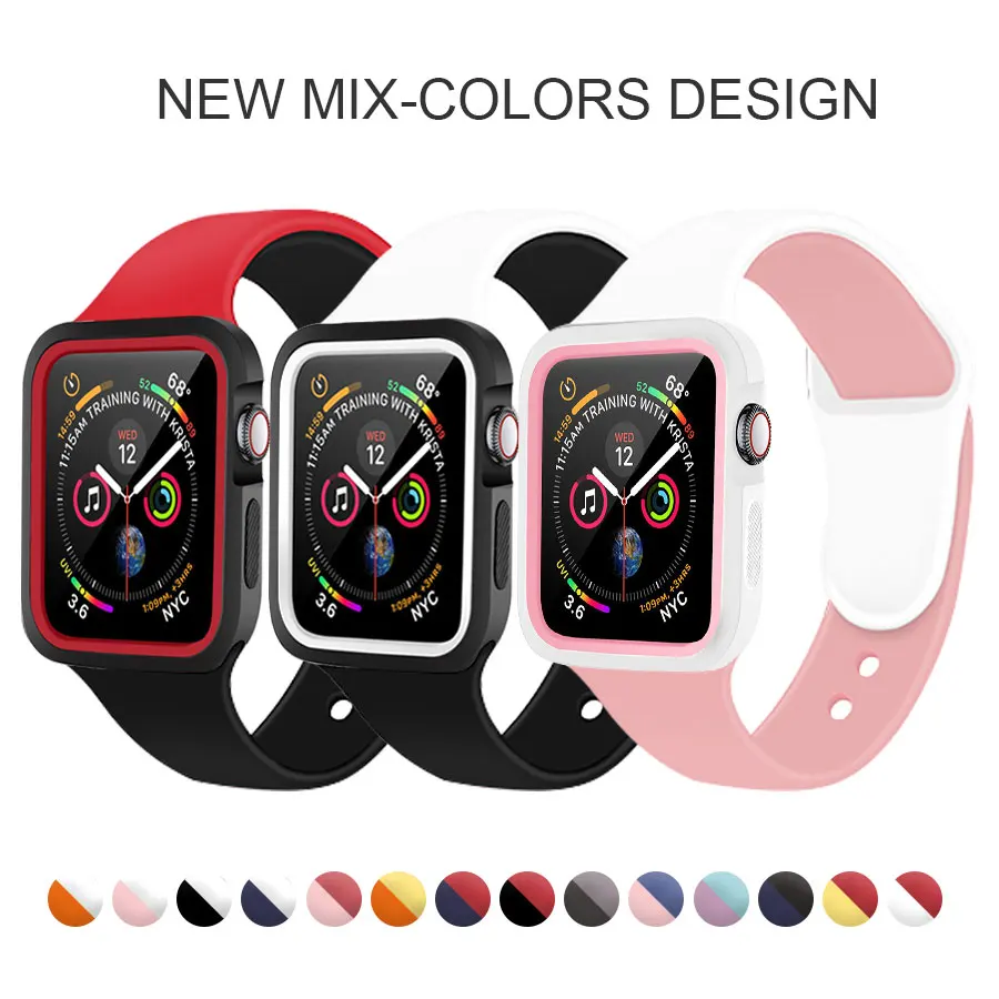 Силиконовый ремешок для часов с Бампером Apple Watch 38 мм 42 40 44 спортивный iWatch Series