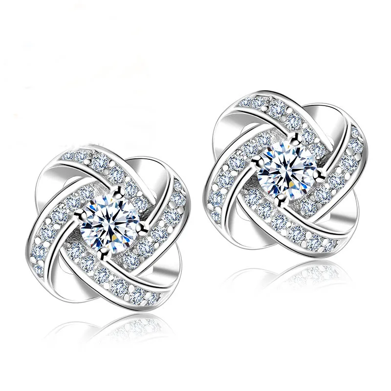 

Cubic Zirconia CZ Crystal 925 Sterling Silver Knot Flower Stud Earrings for Women Brincos Bijoux Wedding Jewelry