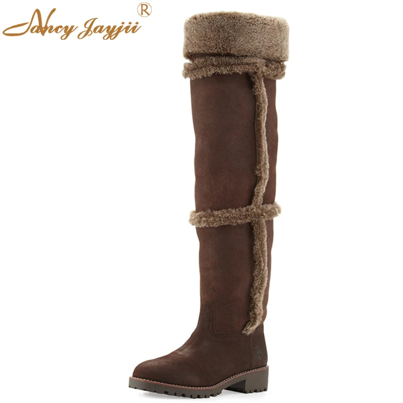 BC Women Brown Fur the Knee High Winter Very Warm Rubber Boots Women's Shoes For Woman, Zapatos Botas Mujer, Plus Size Brown