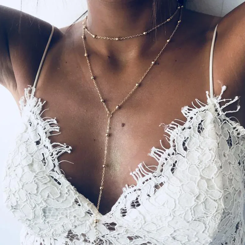 

Boho Silver Gold Satellite Beads Chain Choker Necklace Women Fashion Jewelry Charms Deep V Long Tassel Necklace collares