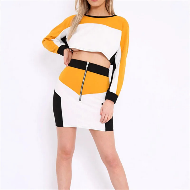 Fashion Women Fall Color Patchwork Tracksuit Long Sleeve Crew Neck Pullover Crop Tops Zipper 
