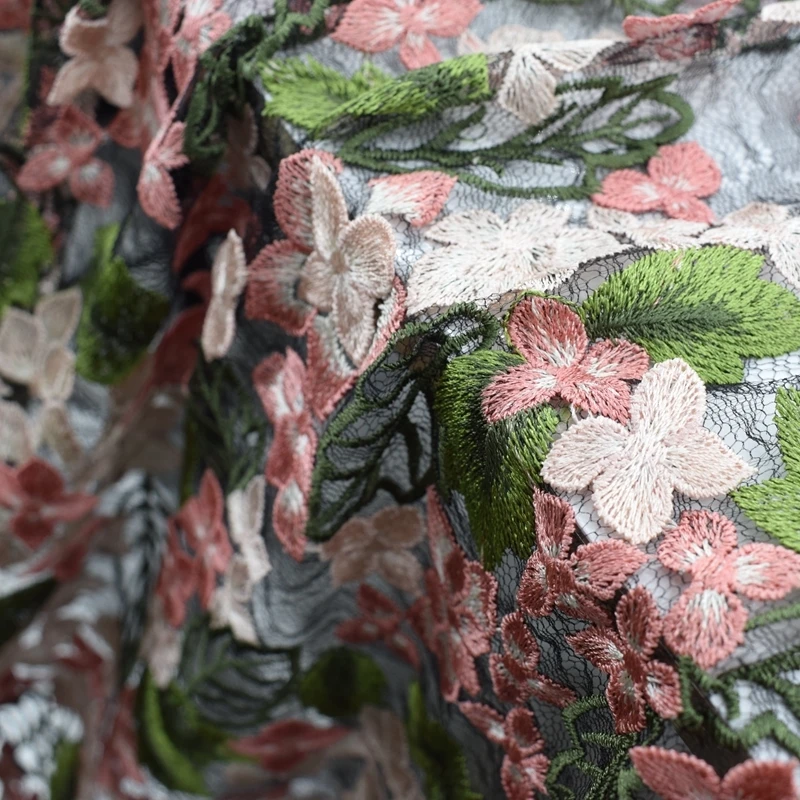

Fashion 3D Pink small flower green leaf embroidery jacquard fabrics african lace fabric for dress tissu telas tissus tecidos