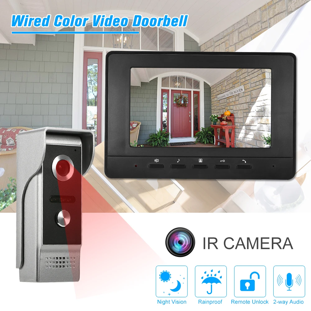 

7 inch TFT Wired Color Video Doorbell Indoor Monitor IR-CUT Rainproof Outdoor Visual Intercom Remote Unlock Video Door Phone