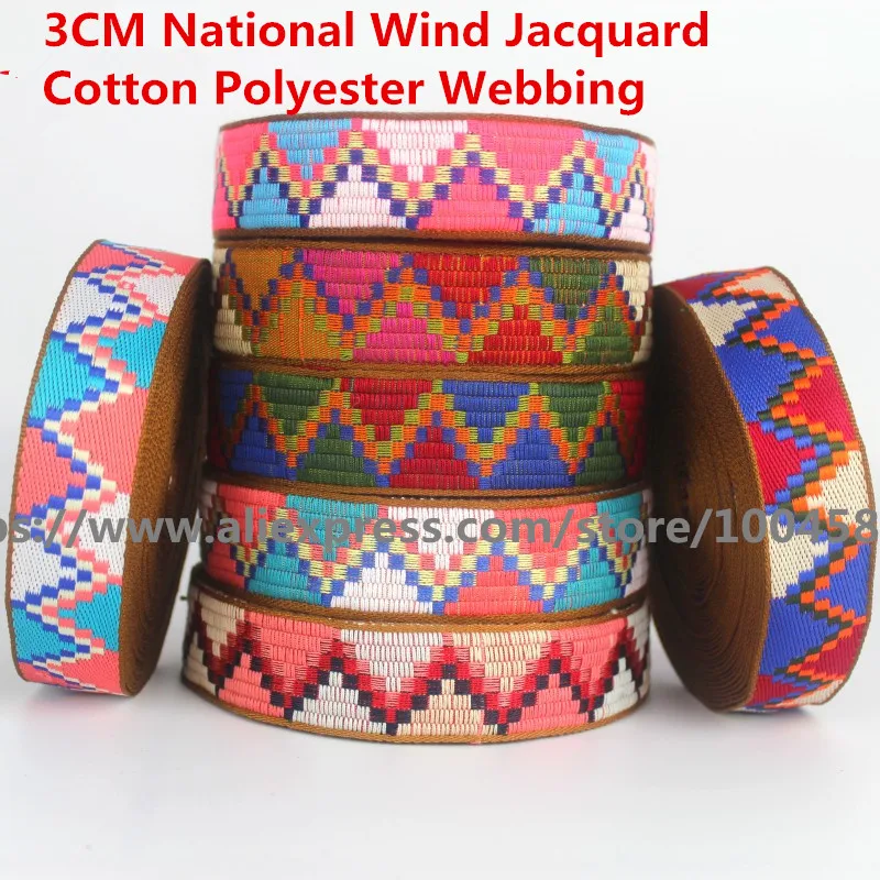 

3CM 2 Meter National Wind Jacquard Cotton Polyester Webbing Tape Bag Straps Belt Sling Seat belt webbing Very Strong 3