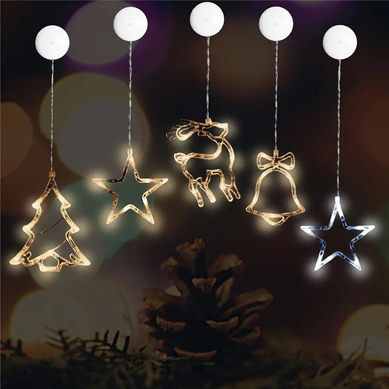 

Lovely 20CM 8 LED Christmas Tree/Elk/Bells/Star Fairy Light With Sucker Apply Home and Showcase Christmas Decorations