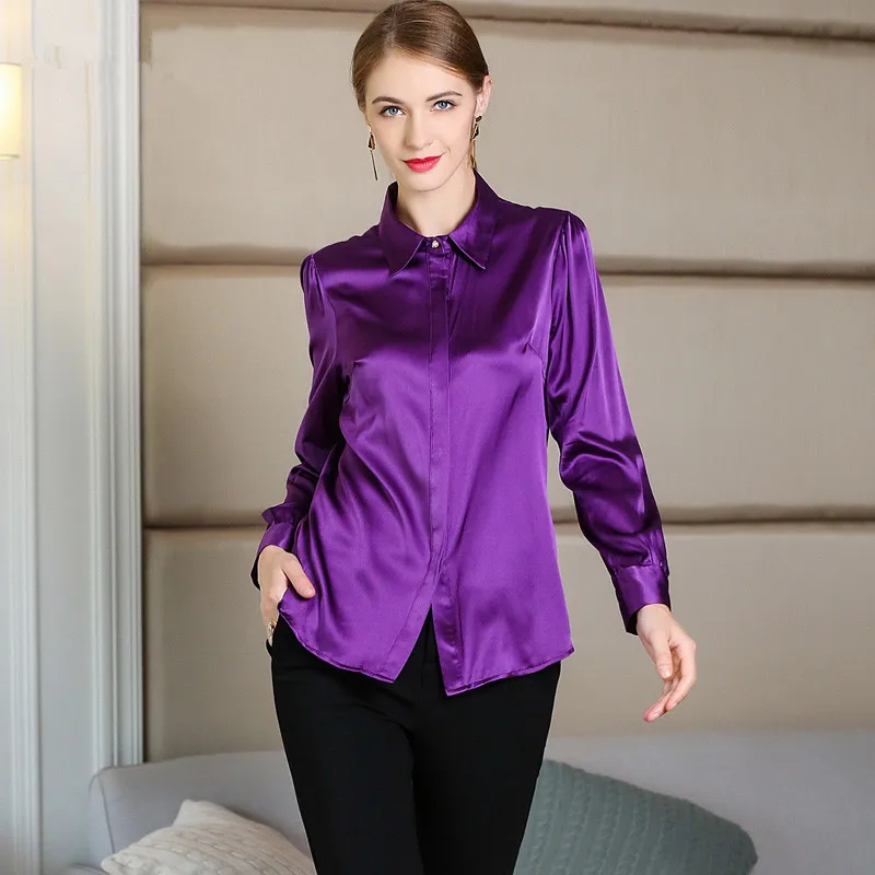 AYUNSUE женские модные блузки Весна 97% шелковая блузка женские рубашки с длинным рукавом Женские топы размера плюс 4XL blusas 15209AAA - Цвет: Purple
