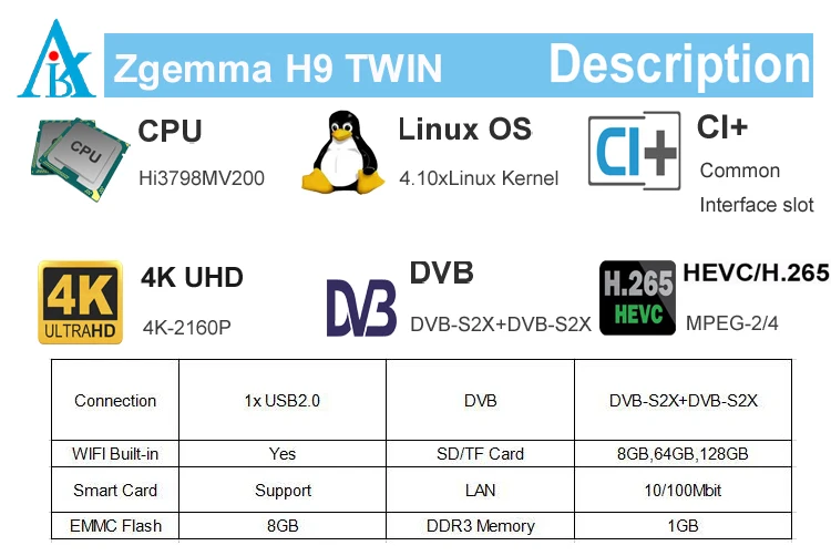 4K-UHD Linux Zgemma H9 Твин 2х DVB-S2X HEVC H.265 wifi Встроенный 2* CI+ sat ТВ приемник