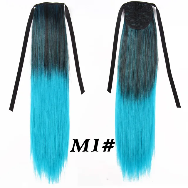 Leeons 20'' Synthetic Ponytail Hair pieces Heat Resistant Fiber Straight Ribbon Clip In Hair Extension 21 colors Brown Black m1