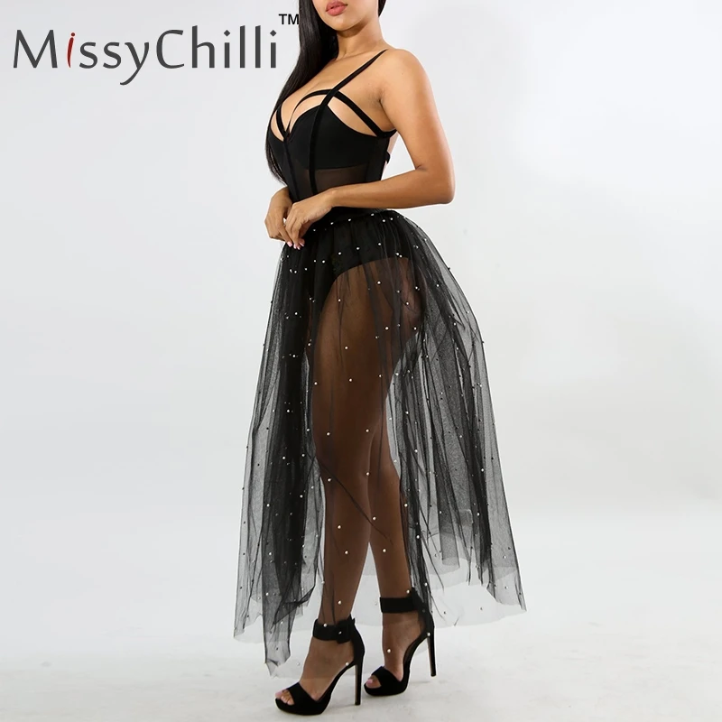 MissyChilli Прозрачная сетка черная юбка прозрачная бисер Сексуальная юбка-пачка юбка с завышенной талией для девочек Для женщин жемчужные вечерние Клубные юбка Макси-тюль