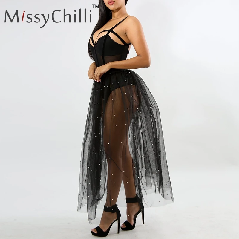 Прозрачная сетчатая черная юбка MissyChilli прозрачная пачка с бисером женская