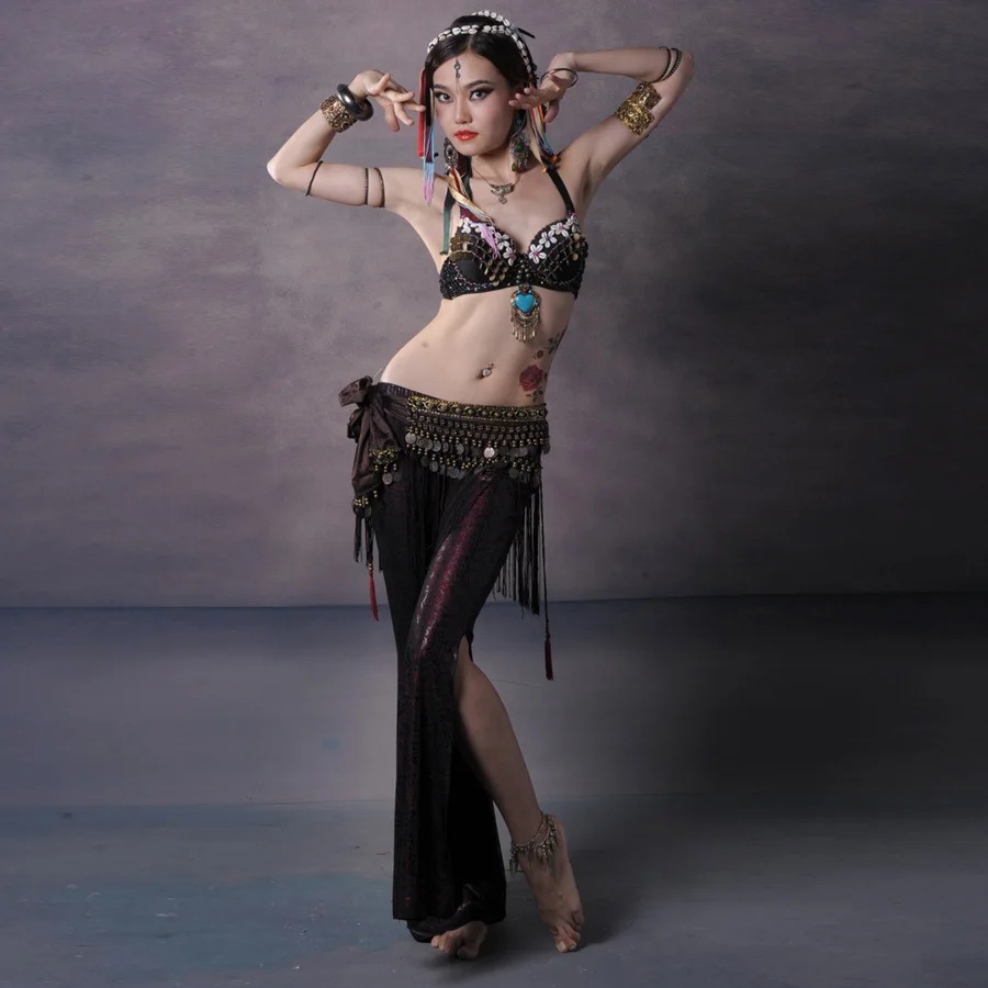 

2018 Women Dancewear Costume Set 3pcs Performance Bronze Beads Bra Push Up with Coin Belt Belly Dance Tribal Pants Flare