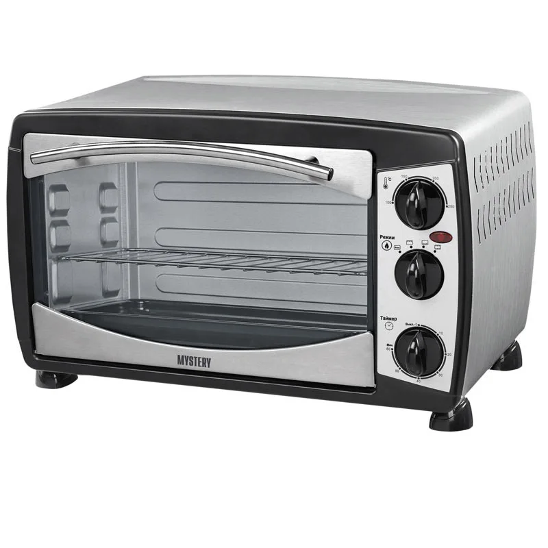 Мини-печь  MYSTERY MOT-3325 (Мощность 1500 Вт, объем 23 л, температурный режим 100-250°С, таймер, 3 режима готовки, в комплекте - противень, решетка, поддон, держатель)