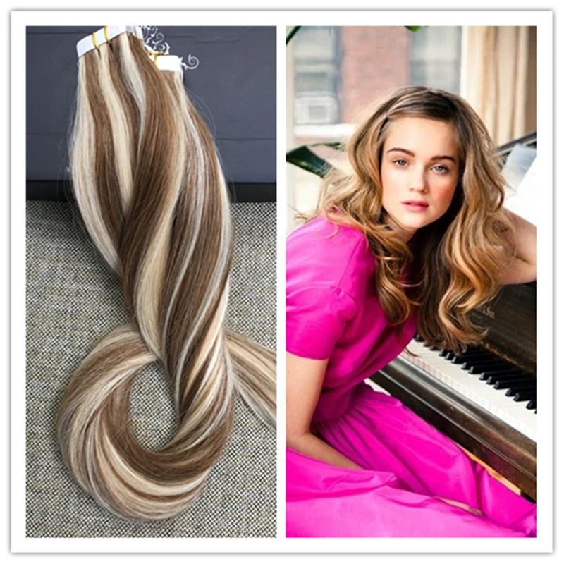 

Full Shine Piano Balayage Color 8 Ombre Color 613 Tape in Human Hair Extensions Brazilian Remy Skin Weft Seamless Hair Tape
