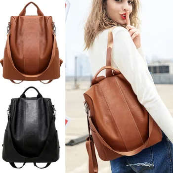 

Stylish Travel Women Backpack Fashion PU Leather Zipper Lady Schoolbag Anti Theft Camping Casual Tote Soft