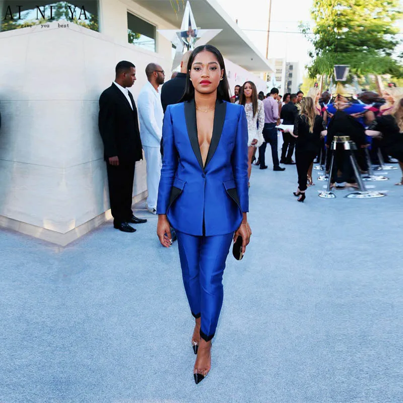 

Royal Blue Slim Ladies Elegant Pant Suits Black Collar Women Spring Autumn Formal OL Work Wear 2 Piece Set Office Uniform Styles