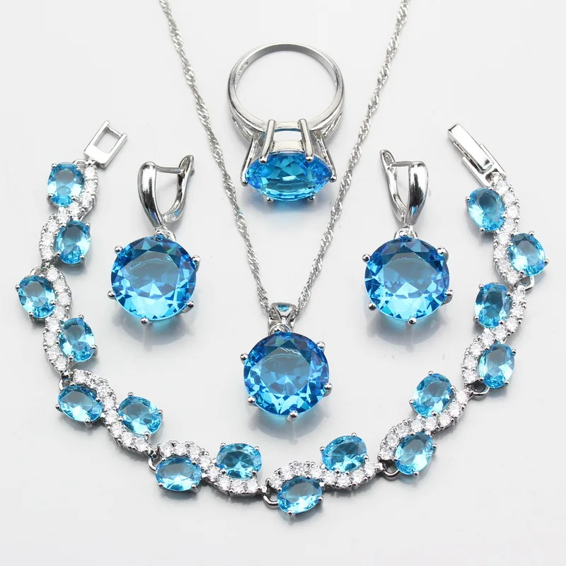925 Sterling Silver Light Blue Crystal Round Jewelry Sets For Women Ring Earrings Necklace