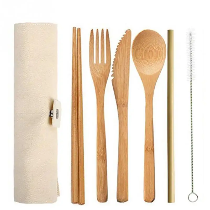 

6Pcs/set Wooden Dinnerware Set Cutlery Set Bamboo Fork Knife With Cloth Bag Kitchen Tools picnic travel camping outdoor