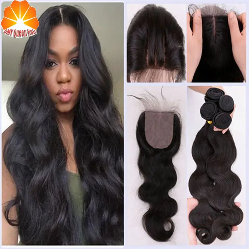 7A Grade 100% Virgin Brazilian Human Hair Silk Base Closure With Bundles Body Wave3/4 Bundles Human Hair With Silk Base Closure