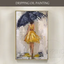 Ручная работа Высокое качество абстрактный портрет леди с желтым платьем картина маслом на холсте леди Холдинг черный зонтик картина маслом
