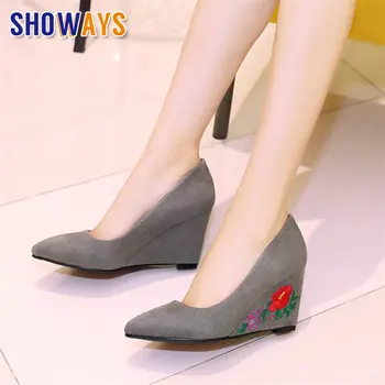 

Elegant Women Pumps High Wedge Heels Red Embroider Flower Pointed Toe Casual Office Party Slip-on Height Increased Ladies Shoes