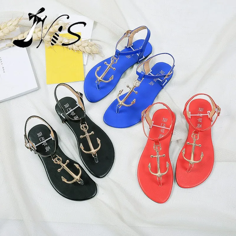 

NIS Women Anchor Gladiator Beach Sandals Black/Red Boho Shoes Ladies Outdoor Flip Flops Bohemian Thong Ankle Strap Zapatos Mujer
