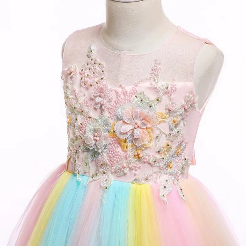 С вышивкой для девочек, платье принцессы с цветочным рисунком Радужная пачка из тюля платье детское платье для дня рождения Детский костюм на Хэллоуин Для детей от 1 до 10 лет