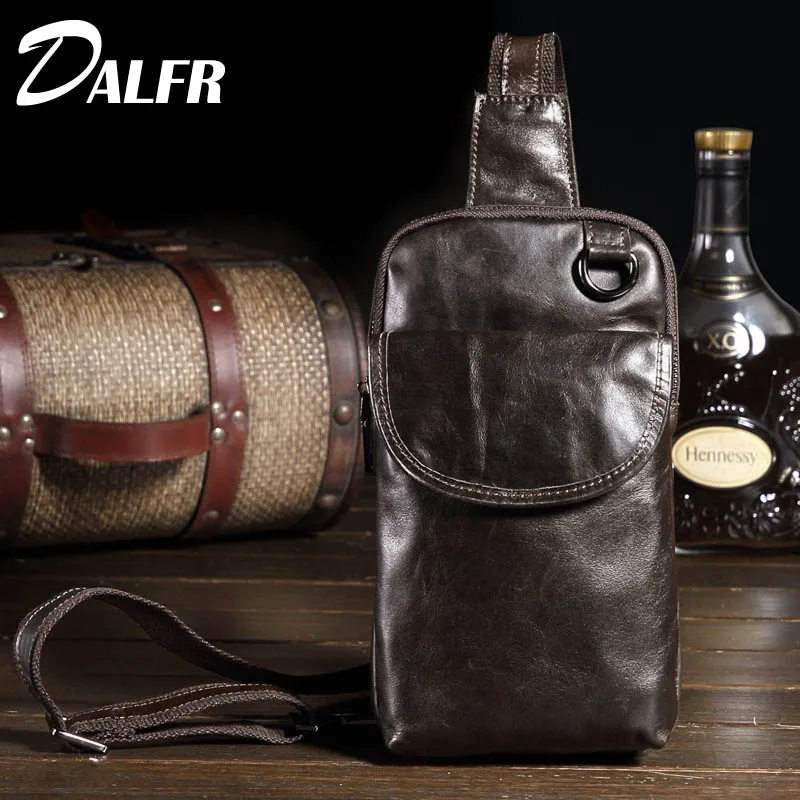 

DALFR Genuine Leather Chest Pack Men 11 Inch Fashion Shoulder Bags Zipper Style Solid Cowhide Messenger Bags