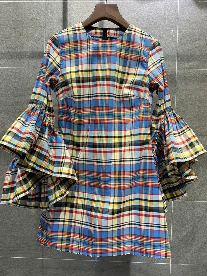 

2019 new ladies fashion round neck plaid flared sleeve dress 0611