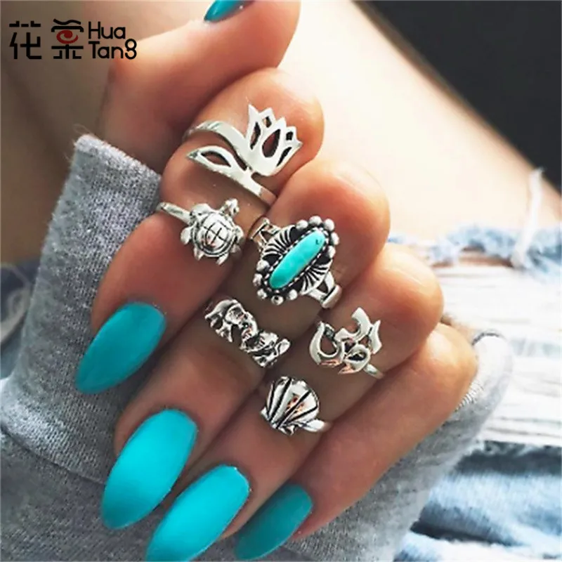 

HuaTang Antique Gold Silver Flower Ring Carved Knuckle Wedding Ring Sets Steampunk Anel Anillos Rings New For Women 4094