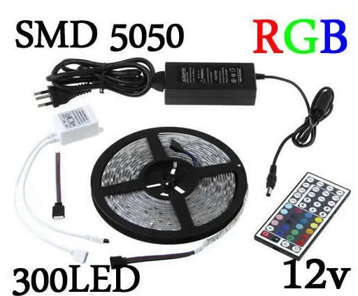 cheap 5M Waterproof RGB LED Strip Light Flexible SMD 5050 and IR 44 Keys Remote Controller with 12V 5A Power Adapter Supply Driver set