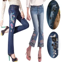 Мода г. длинные Брюки для девочек для Для женщин Вышивка цветок Мотобрюки плюс Размеры Denim Flare Джинсы для женщин Китайский Стиль XXXL лето