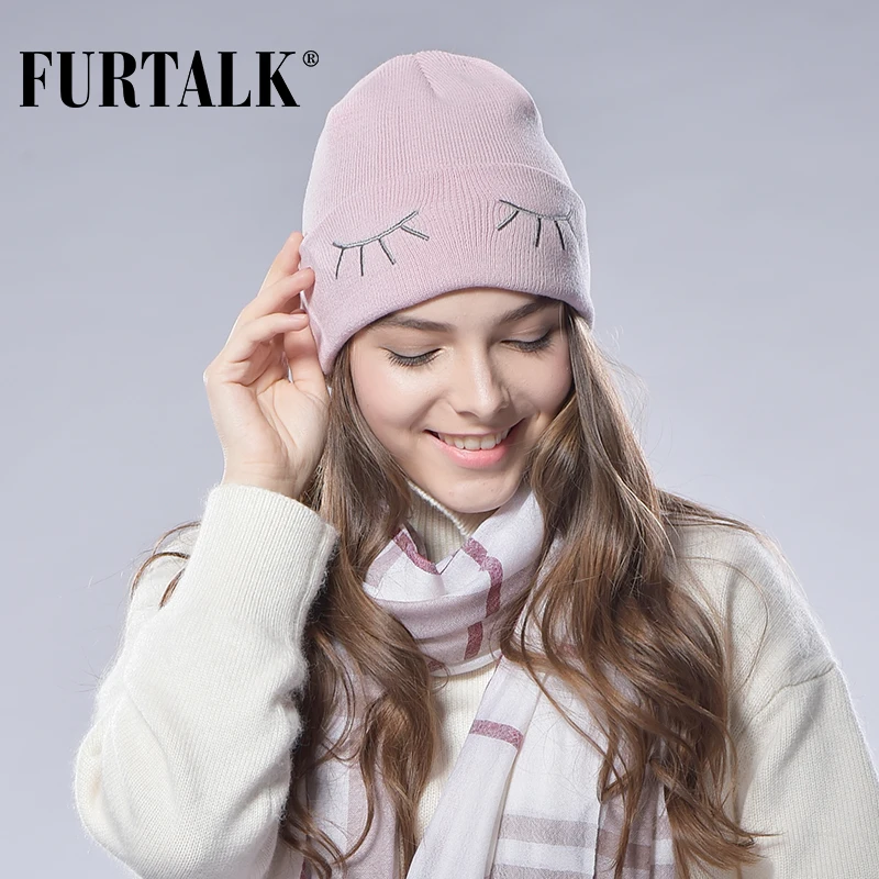 

FURTALK Spring Autumn Woman Wool Cotton Cuff Beanie Knit Hat Ski Watch Cap