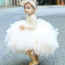 Кружевное платье с цветочным узором для девочек Пышное Платье с длинными рукавами для свадьбы для девочек, Первое Святое Причастие, праздничные платья на день рождения