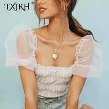 TXJRH Sweet White Square Collar Elastic Girdle Type Ruched Waist Shirt Backless Smocked Sheer Short Puff Sleeve Blouse Crop Tops