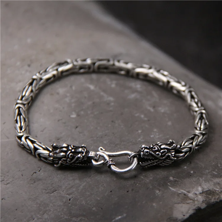 

S925 Sterling Silver Double Faucet Rough Mine Bracelet Men And Women Retro Thai Silver Personality Domineering Jewelry