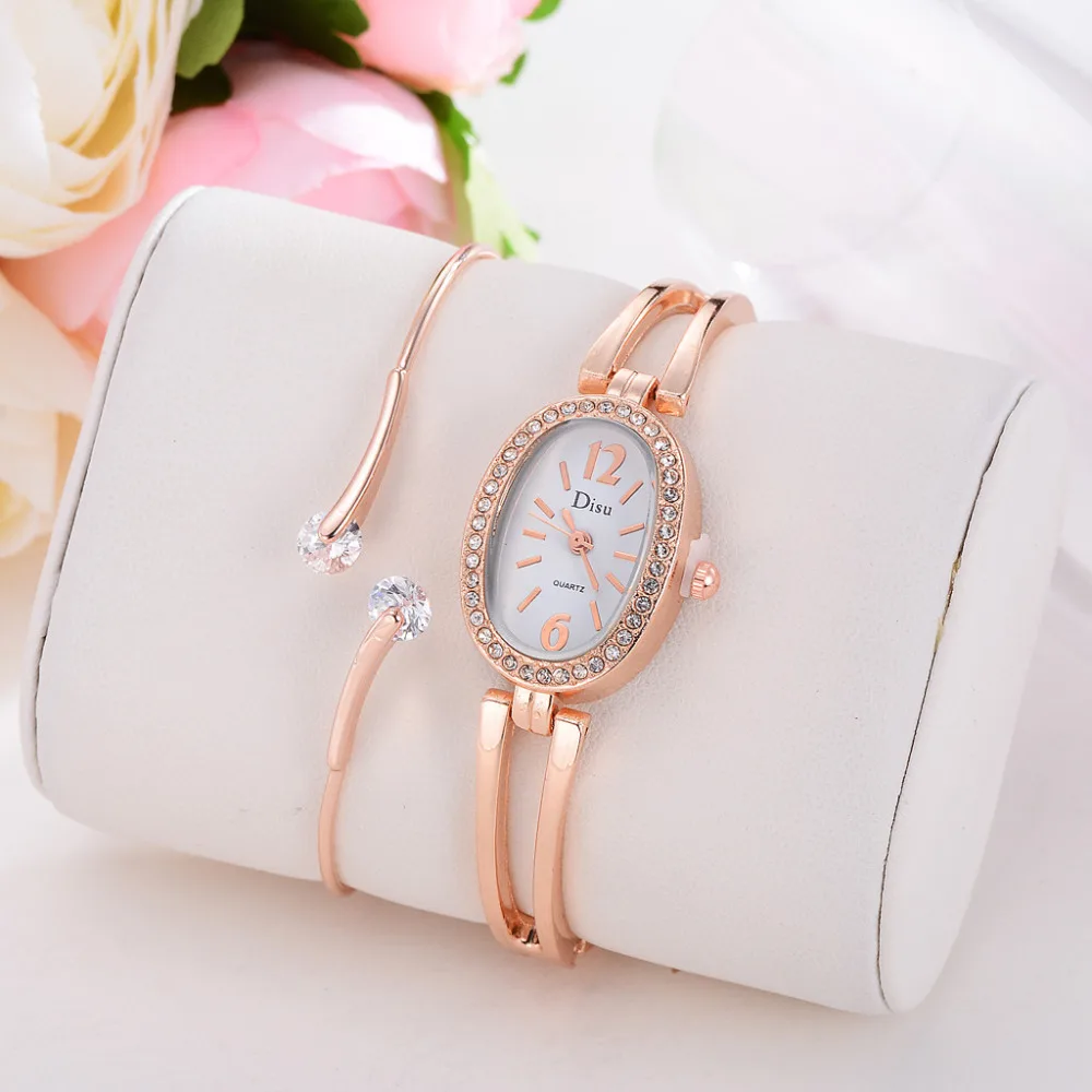 

DISU Fashion Luxury Brand Rhinestone Women Bracelet Watch Ladies Casual Dress Quartz Wristwatch Set Chain Watch Birthday Gift #A