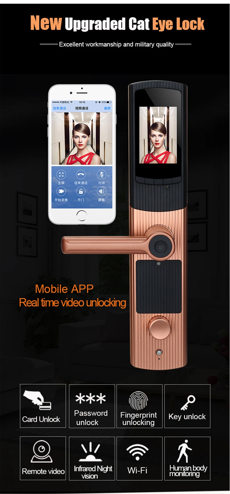Smart Cerradura WIFI Door Lock Video Peephole Door Camera Fingerprint Password Electronic Lock Viewer Doorbell Remote APP Unlock