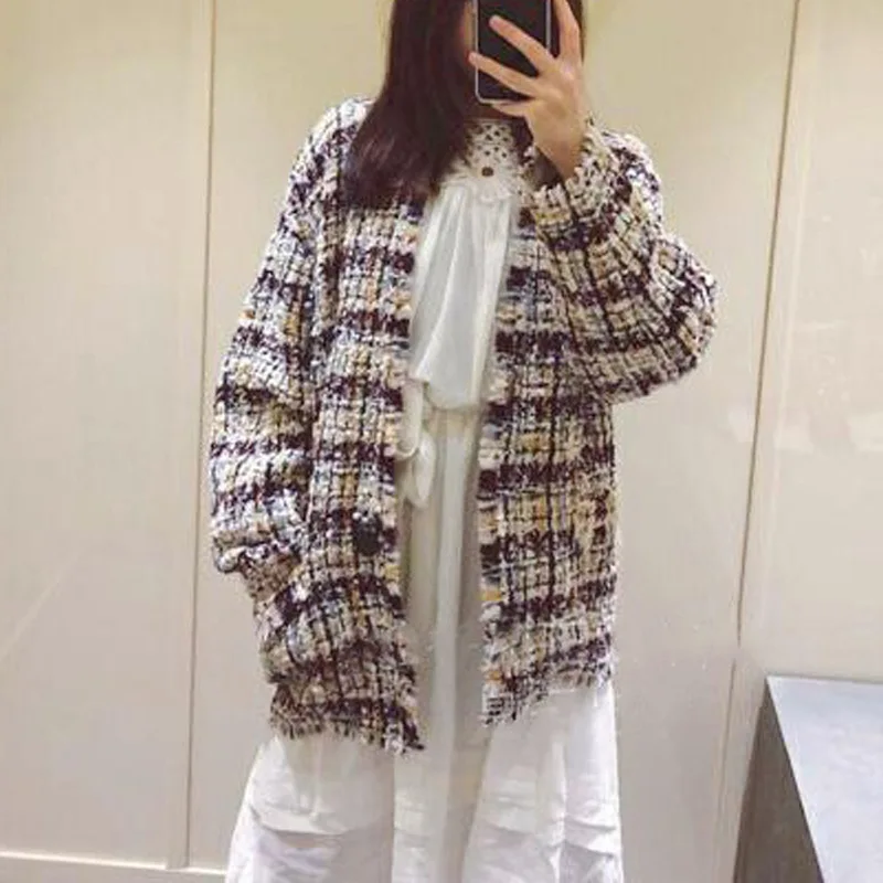 

Small Fragrance Color Yarn Cocoon Tweed Fringed Jacket 2019 O-Neck Plaid Full Coats and Jackets Women